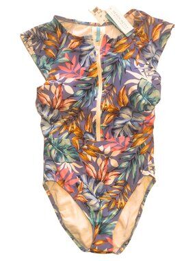 NWT Beach Betty Blue Tropical Floral One Piece Front Zip Slimming Swimsuit SMALL